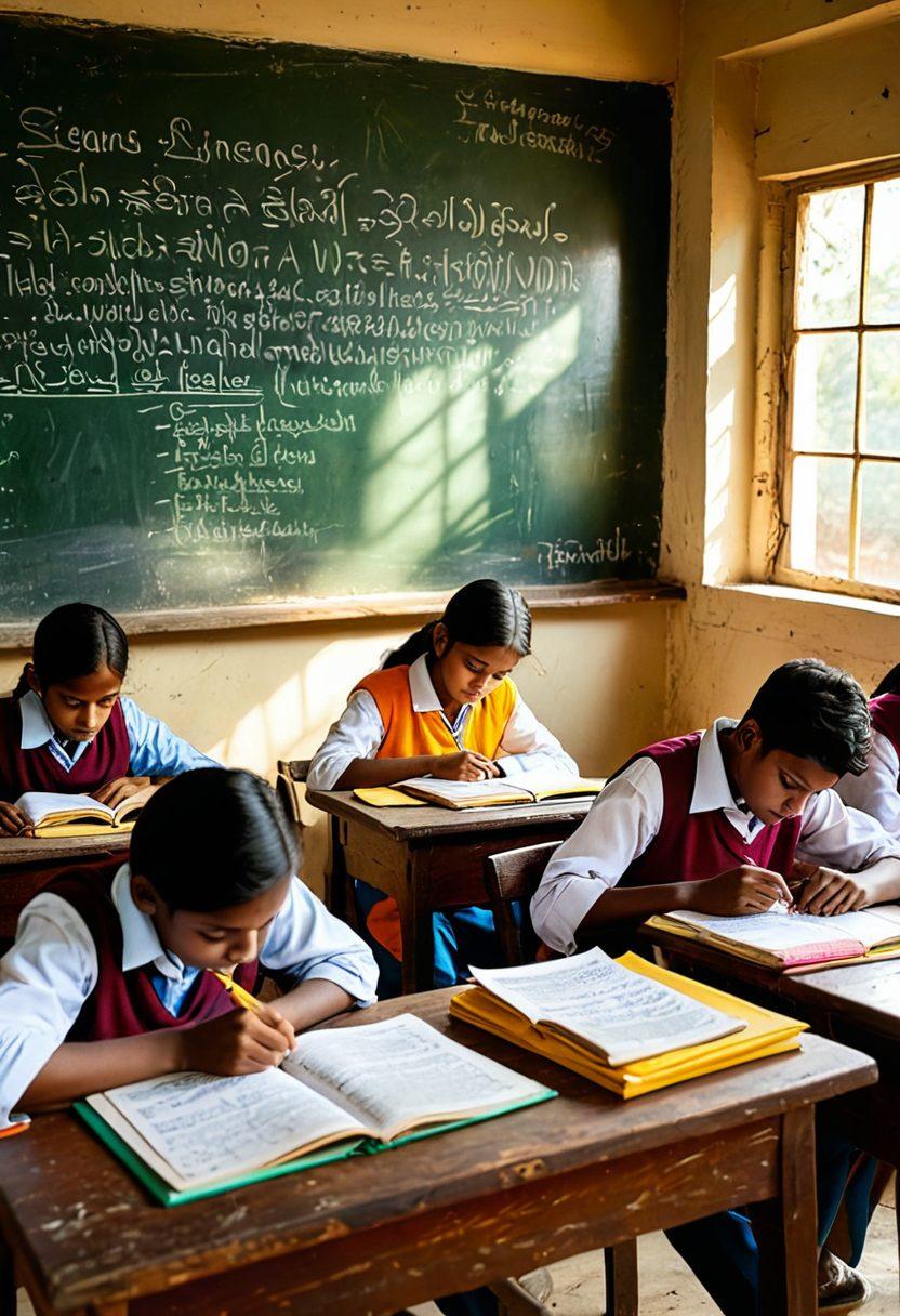 A bright and inspiring classroom scene in Bihar, showing diverse students eagerly studying together at desks filled with textbooks and notes, a large chalkboard displaying motivational quotes about academic success, and a window with sunlight pouring in, symbolizing hope and achievement. super-realistic. vibrant colors. motivational atmosphere.