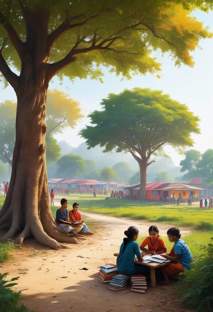 An intricate illustration showcasing a vibrant landscape of Bihar, featuring a diverse group of students and parents engaged in various educational activities, such as studying under a tree, visiting a school, and exploring educational resources. Incorporate elements like books, laptops, and maps highlighting key educational institutions in Bihar. The scene should emanate warmth and hope, symbolizing empowerment through education. super-realistic. vibrant colors. white background.