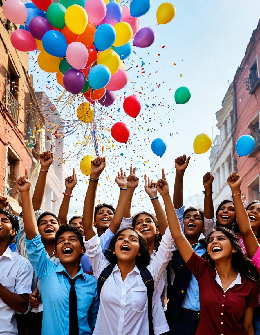A dynamic collage showcasing the excitement of students celebrating their examination results in Bihar. Include elements like colorful balloons, paper confetti, students holding results sheets, and a vibrant background of the Bihar skyline. Incorporate symbols of education like books and pens. Bright and cheerful atmosphere to evoke emotions of joy and achievement. super-realistic. vibrant colors. contrasting backgrounds.